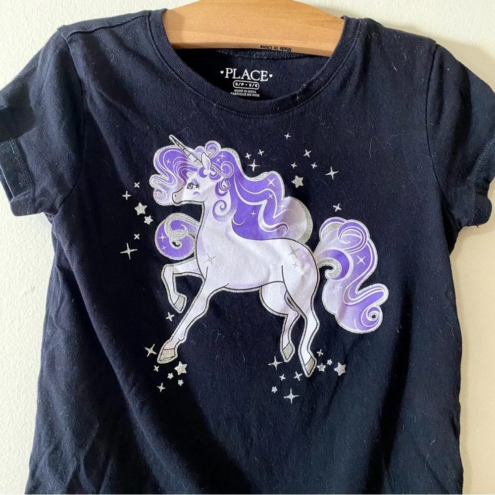 The Children's Place Unicorn T-Shirt Black Short Sleeve Tee Small 5 / 6
